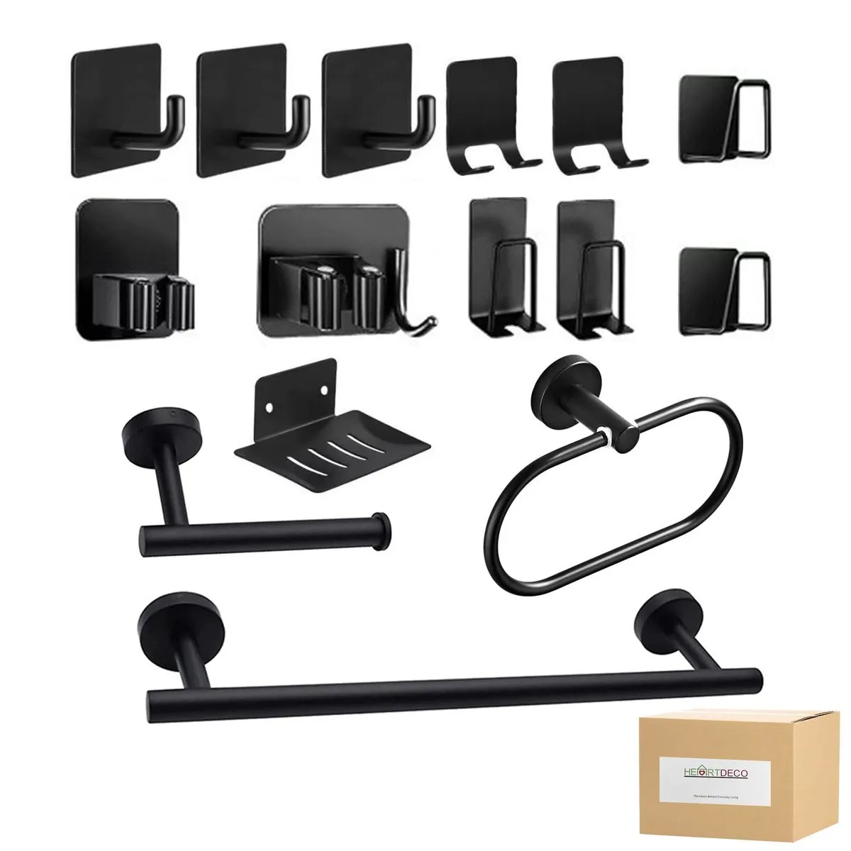 Heartdeco 15PCs Stainless Steel Bathroom Towel Rack Set 40cm - Black
