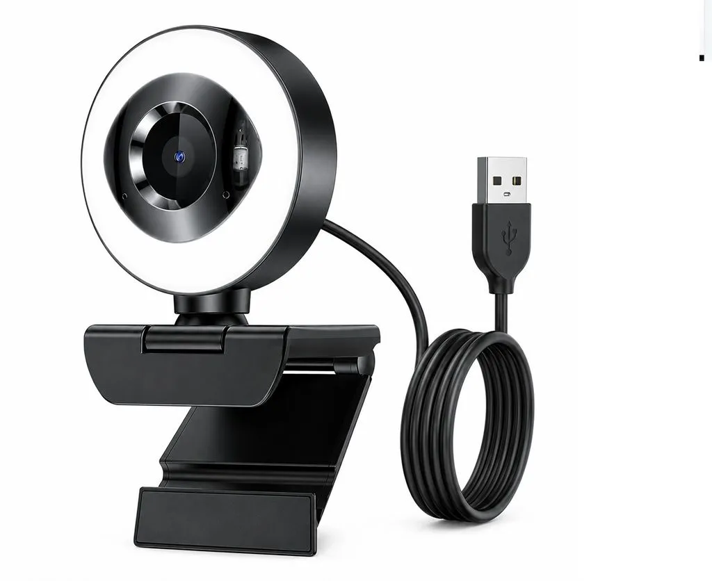 Webcam 1080P Zoom Streaming USB Ring Light Built-in Microphone Streaming