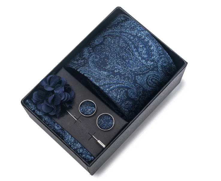 IPSTYLE Ties Set Men Color Necktie Handkerchief Cufflinks Brooch Formal - Blue