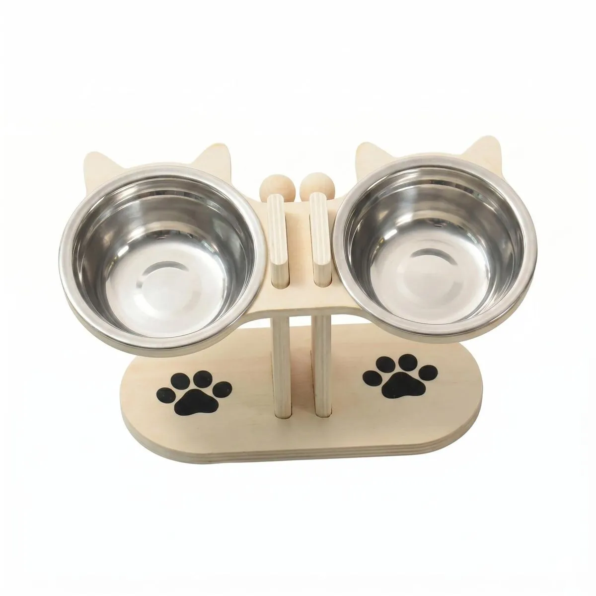 Elevated Double Stainless Steel Cat Bowls - 15 Tilted Beige Stand