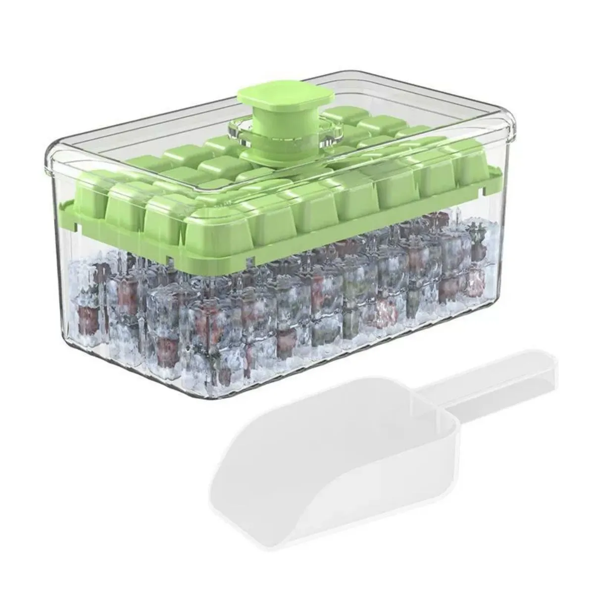 2 Pack Plastic Ice Cube Tray, Double Press Type Ice Making Box - Green