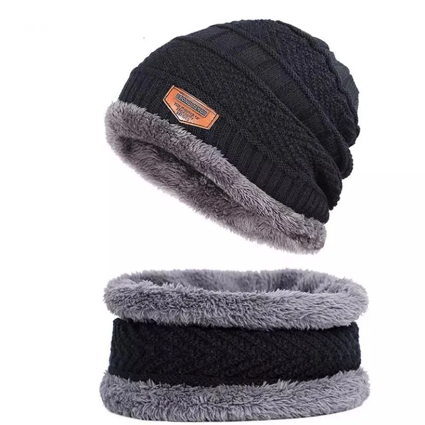 Unisex Ski Beanie with Winter Neck Warmer - Black