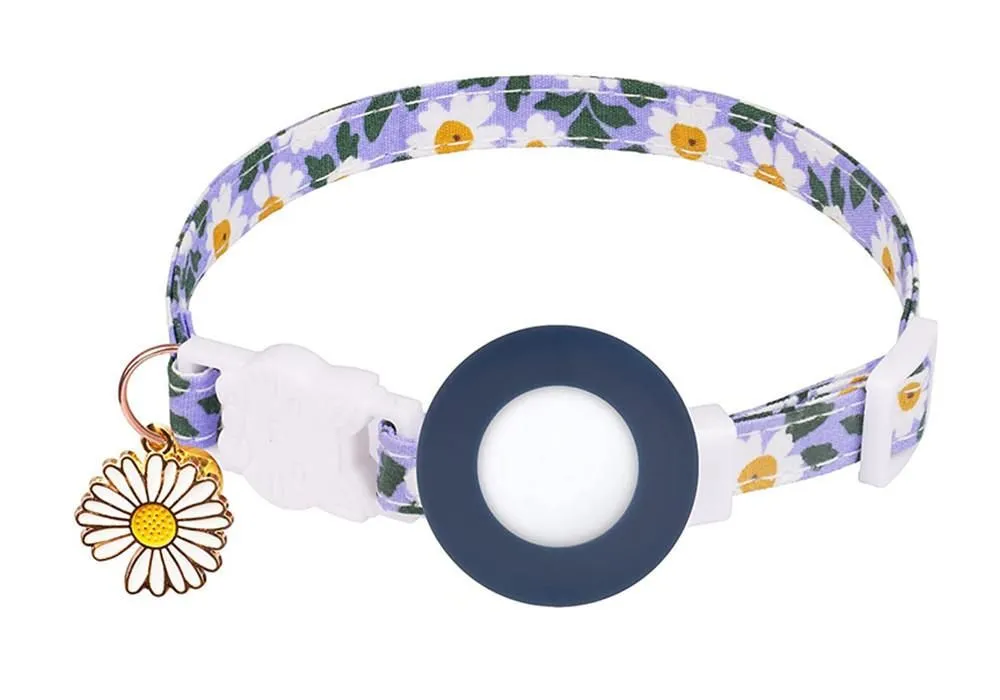 Breakaway Daisy Flower Cat Collar with AirTag Holder - Blue