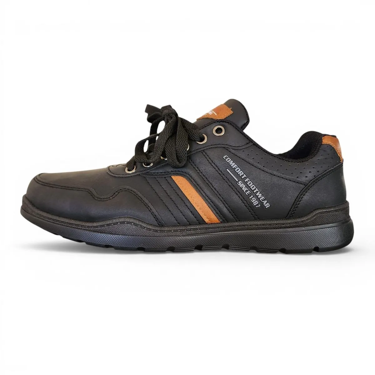 Men's Black Casual Sneakers Lace-Up Comfort Walking Shoes Tan Accent Detail