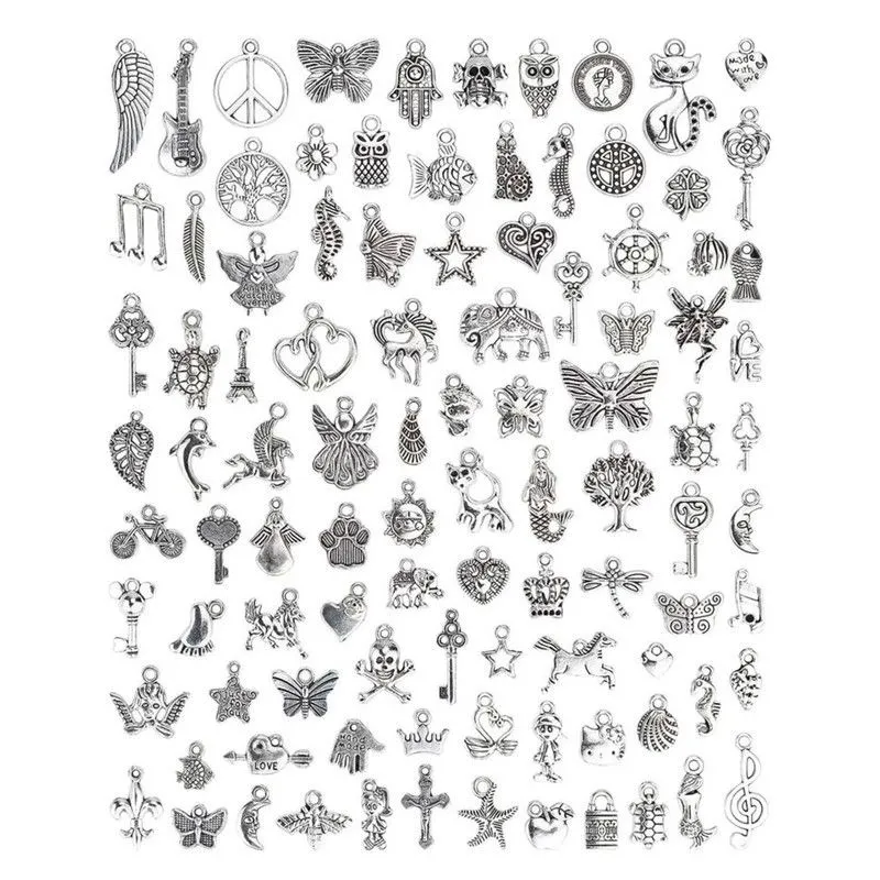 100pieces Jewelry Making Charms Mixed Smooth Tibetan Silver Charms Pendants