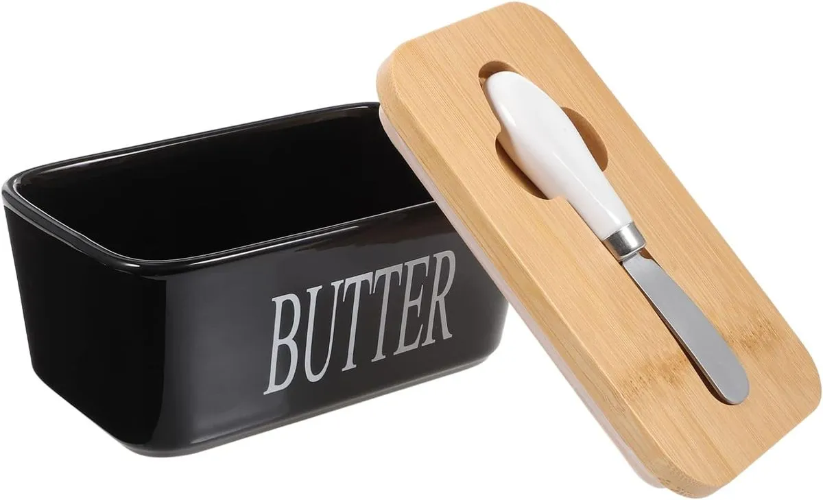 Butter Storage Box With Knife-Ceramic - Black