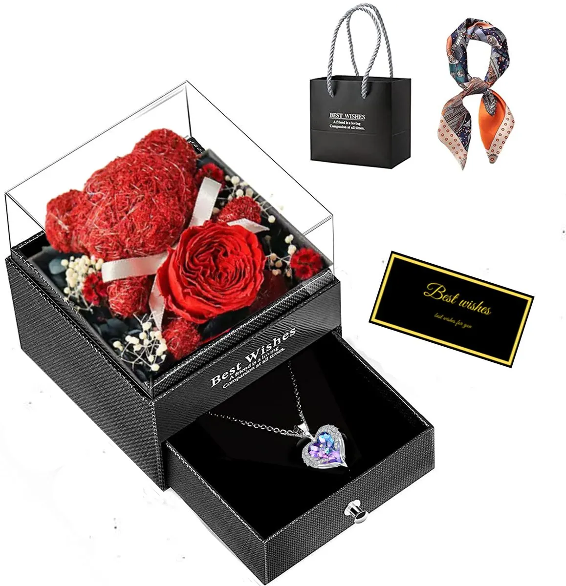 Real Preserved Red Rose with Tiny Bear - Necklace and Silk Scarf Gift Box