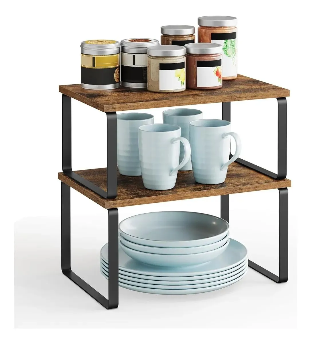 Stackable Kitchen Cabinet Organiser Shelf Counter Storage - Multipurpose - Brown, Black
