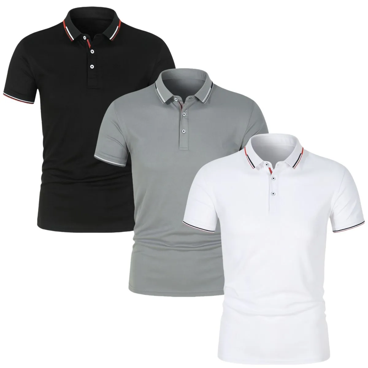 Men Polo Slim Fit Shirts Sports Daily Tops With Button - 3 Colors - 3 Pack