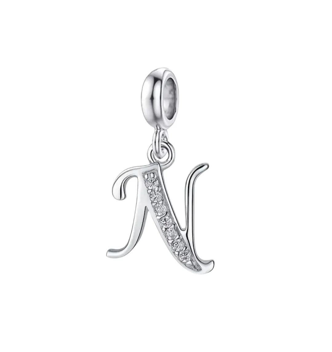 Silver Dazzling Pendant Charm ,Sparkling Alphabet Charm - Letter N