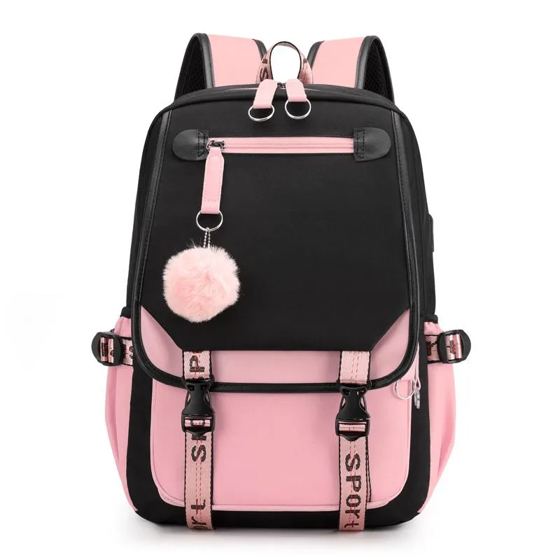 Kids Backpack - Sporty School Bag with Pom-Pom Charm - Pink