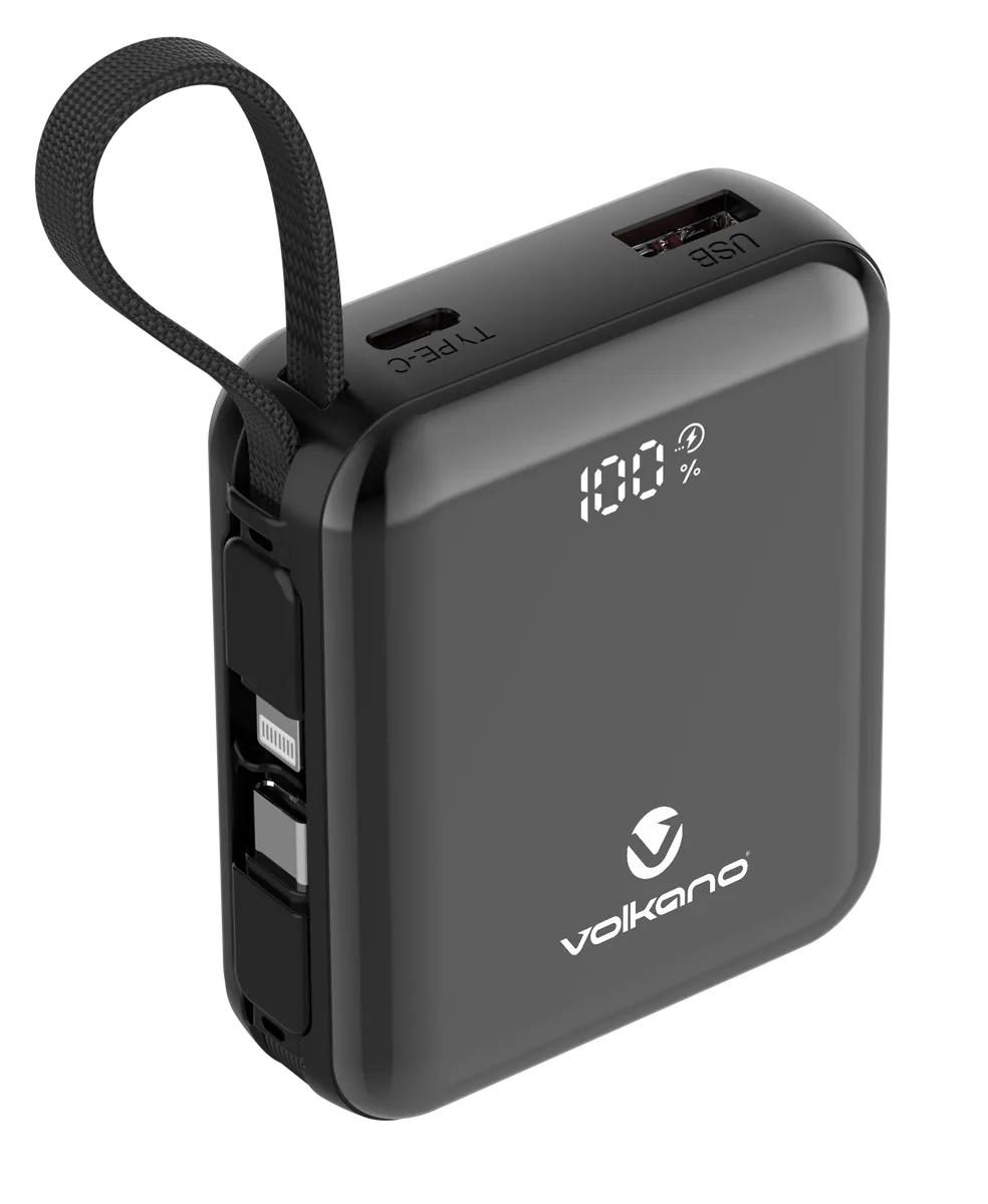 Volkano Solace Series 10000 mAh Power Bank with Built-in Charging Cables - Black