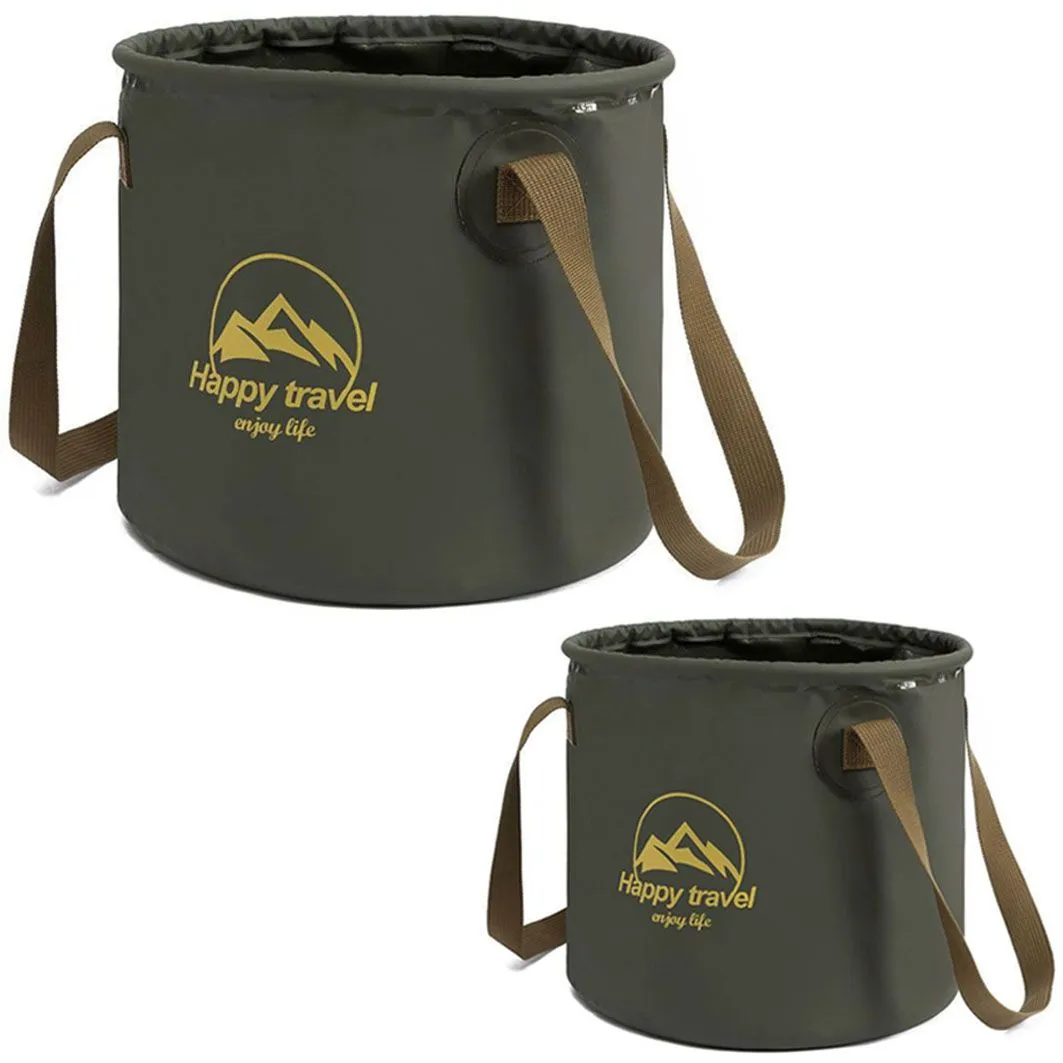 Camping Outdoor Foldable Buckets Water Container Basin -Set of 2 - GREEN
