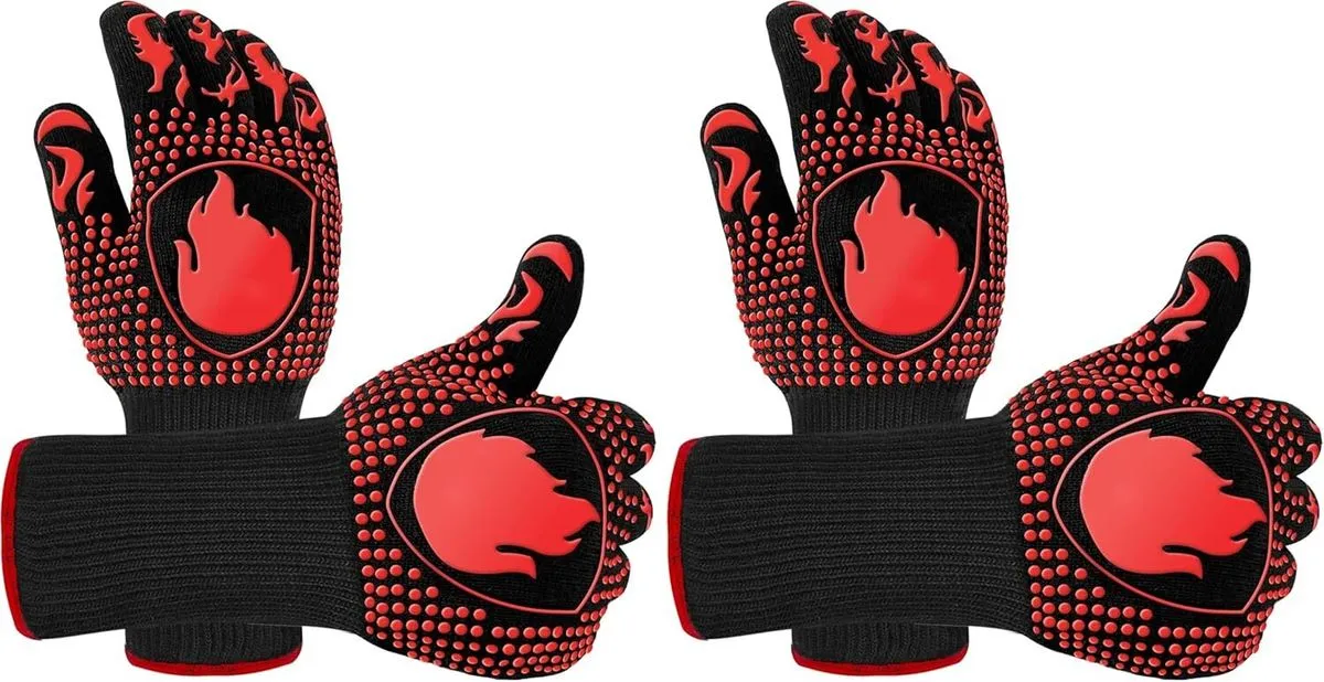 Heat Resistant BBQ Gloves with Silicone Grip, 2 Pairs