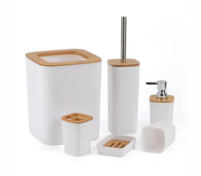 Bamboo Lid Bathroom Accessories Set 6 Piece - White