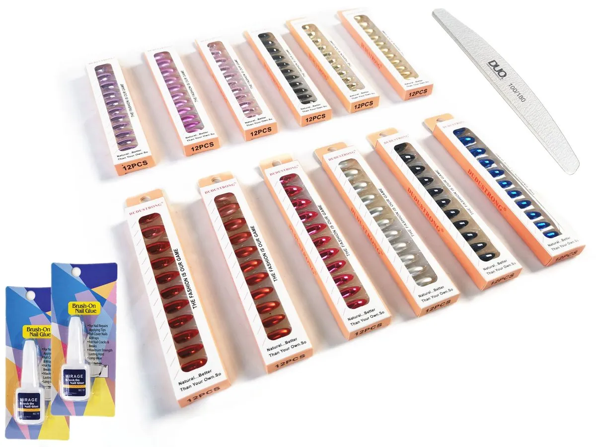 Plain Press On Nails - Ready Made Nail Tips - 12 Assort Sets + Glue & File