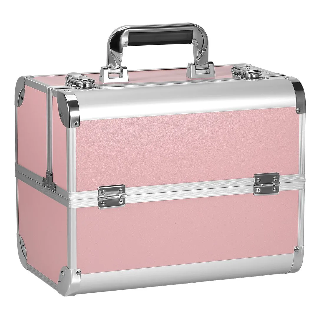 Makeup Case Cosmetic Box Organiser 4 Tray Aluminium Travel Train Case - Pink