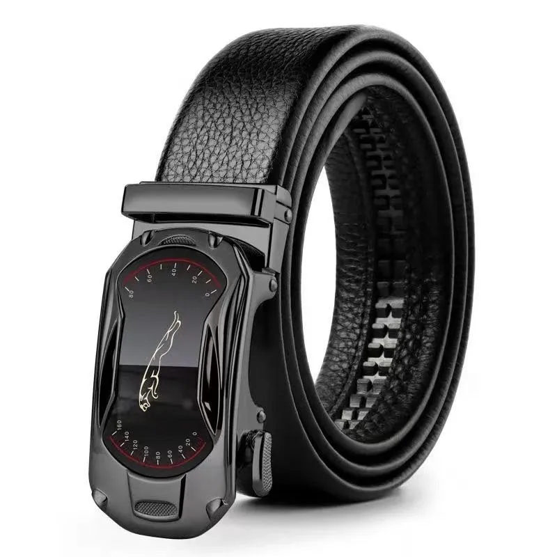 Leather Belt Metal Alloy Automatic Buckle Brand Luxury Designer Waist Belts - Black