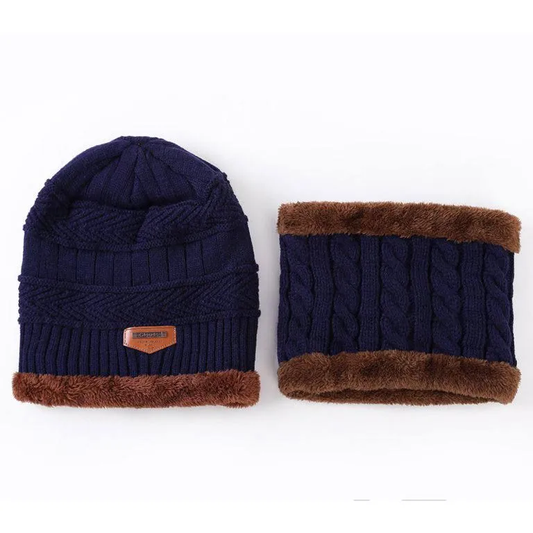 2 Piece Winter Beanie Hat scarf Set warm Knit Hat thick Fleece - Blue