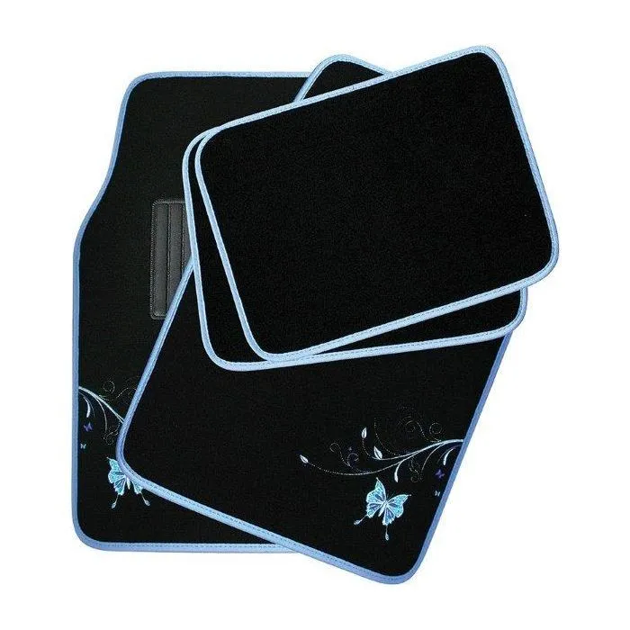 4 Piece Car Mat Set Front & Rear Black Blue Butterfly - Black, Blue