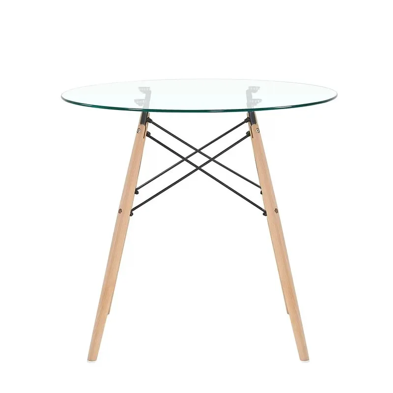 Modern Round Glass Dining Table with Wooden Legs