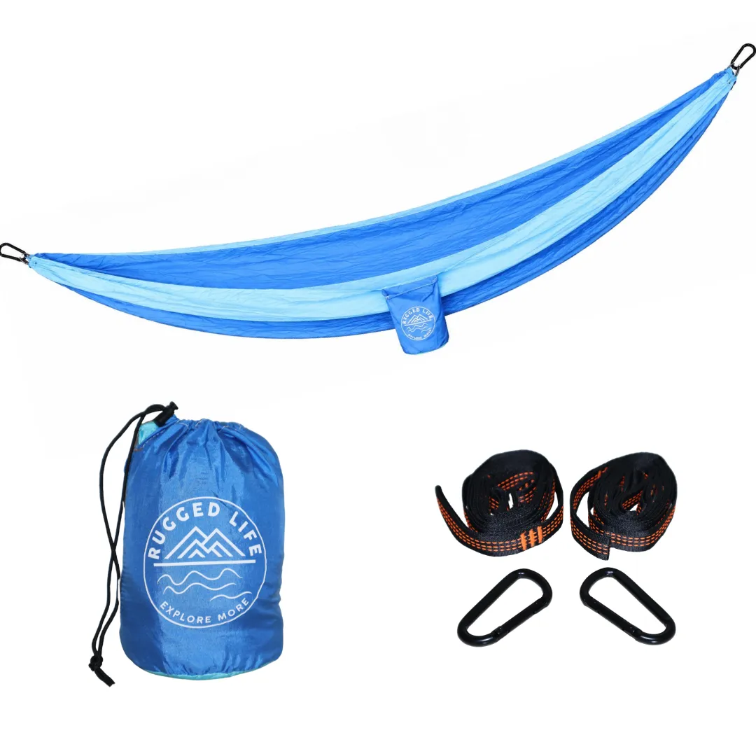 Rugged Life Hammock with Daisy Chains & Carabiners - 200kg capacity - Blue