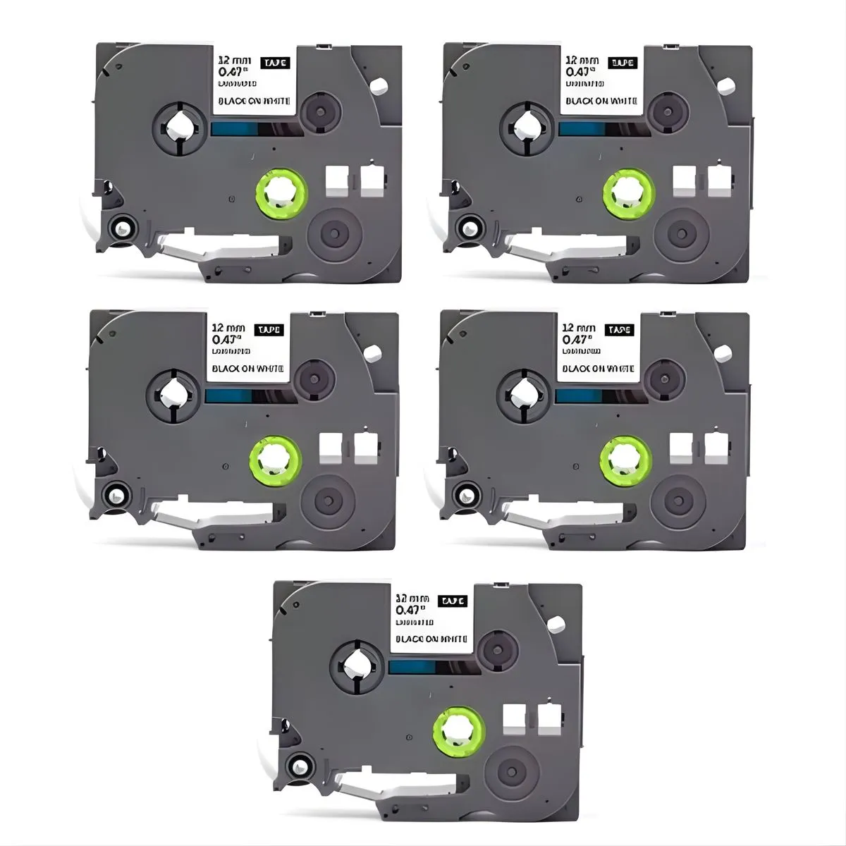 Set of 5 - 12mm Label Tape Cassettes Compatible with Brother Label Printer