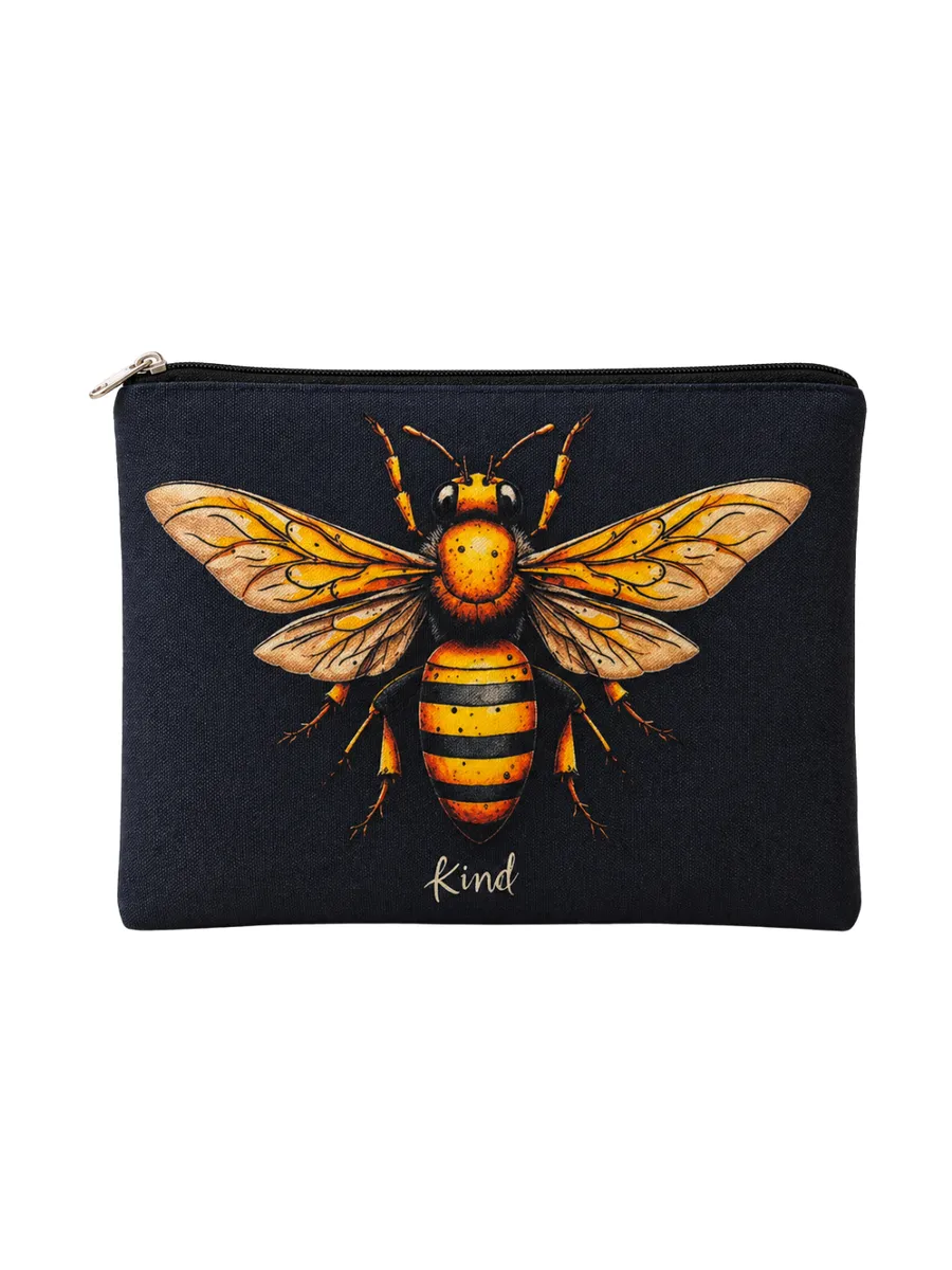 Unisex Bee-Themed Polyester Makeup & Storage Bag - Black, Gold
