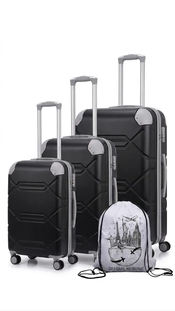 3-Piece Hardside Luggage Set with Travel String Bag - Black