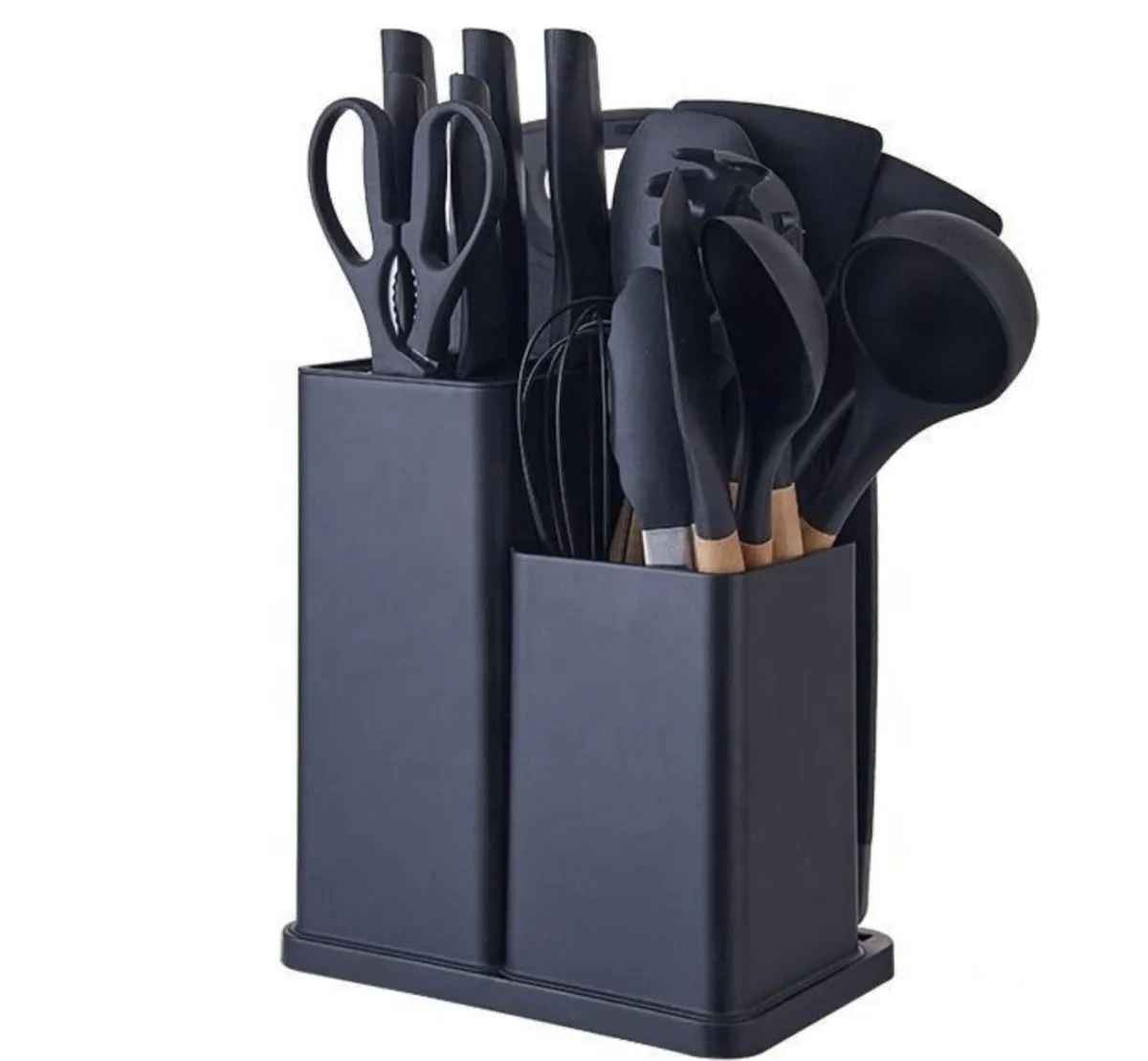 Kitchen Set with Knives, Cutting Board and Storage Rack - Black