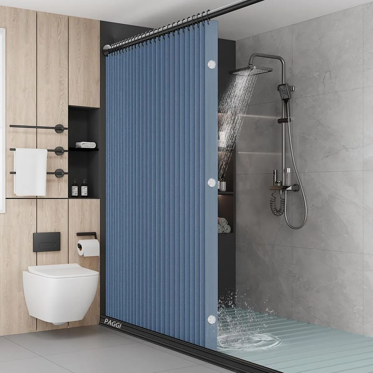 PAGGI 180 x 200cm Magnetic Shower Curtains Kit, Waterproof Folding Curtains - Blue