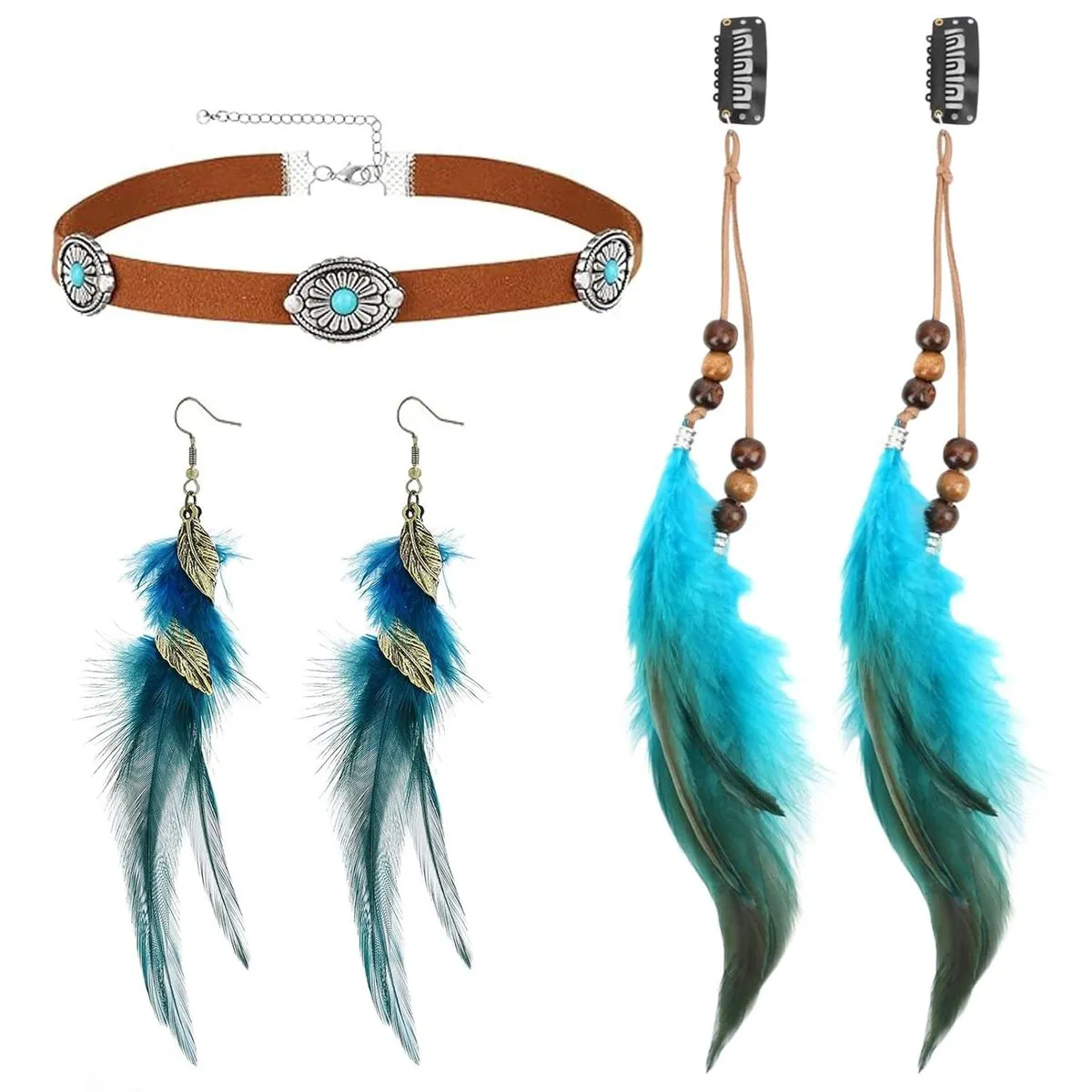 Feather Hair Accessory Clip, Leather Chain, Feather Earrings