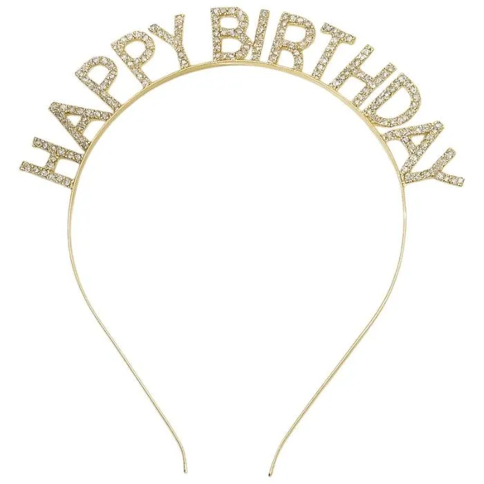 1 Piece - Glamorous "Happy Birthday" Tiara With Sparking Rhinestone Inlays - Gold