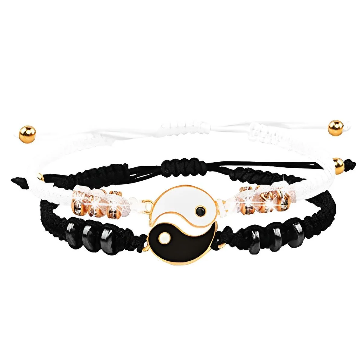 Black And White Bracelets Matching Yin And Yang Adjustable Rope Bracelets - Gold
