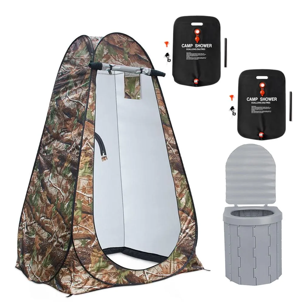 Pop-Up Camping Shower Tent With Toilet & 2 Sun Showers (150 x 150 x 190CM) - Camo