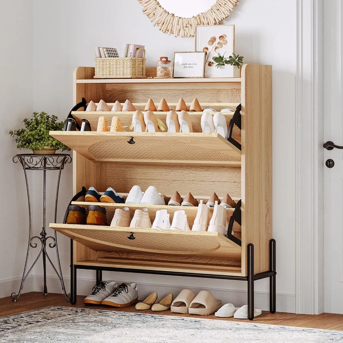 Shoe Cabinet with 2 Flip Drawers Shoe Storage Organizer Narrow Shoe Rack - Brown