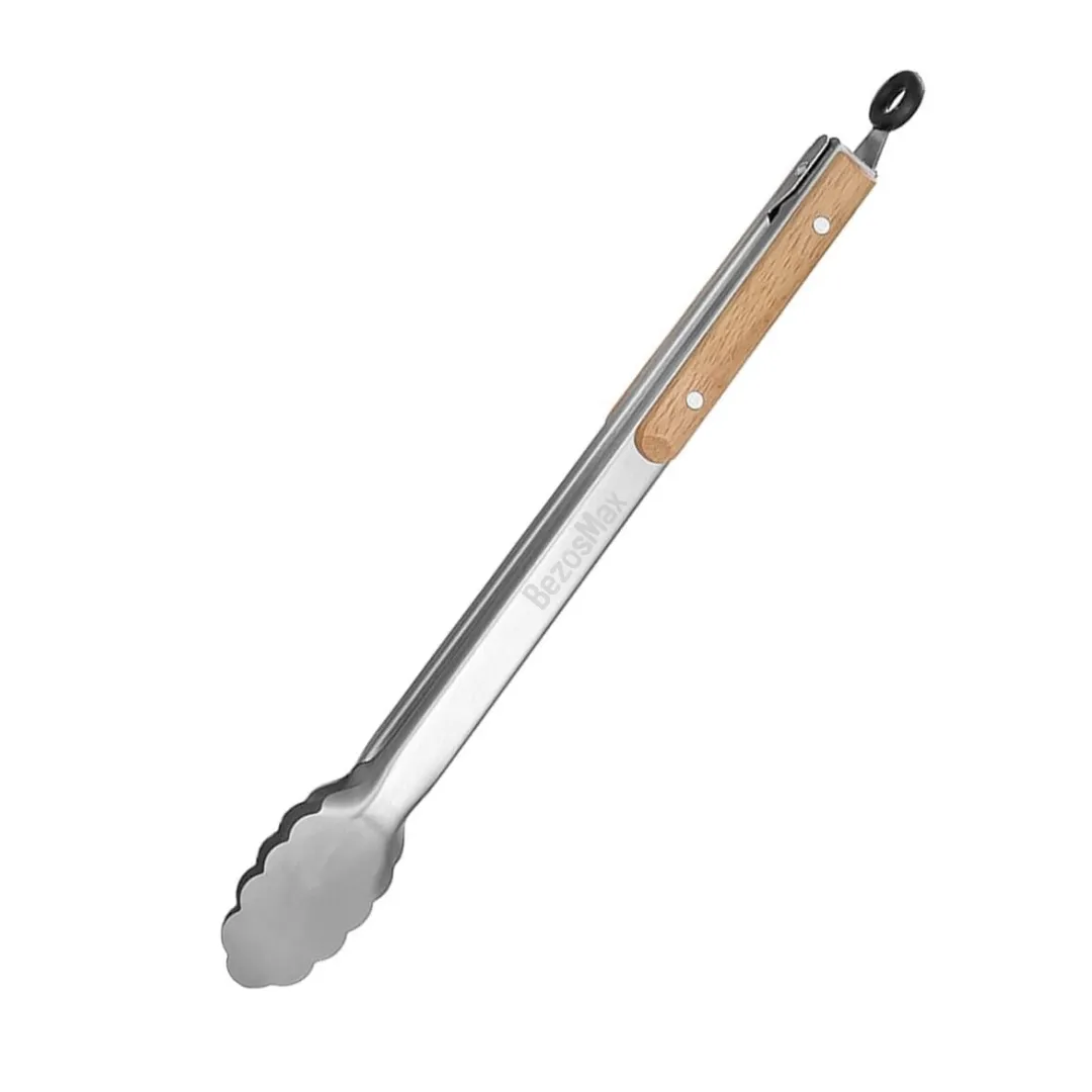 BezosMax 44cm Stainless Steel Braai Tong with Oak Handle & Locking Ring