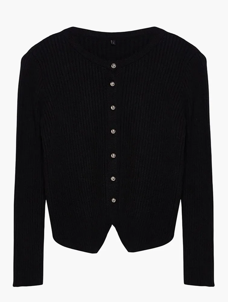 Ribbed Metallic Button Cardigan
