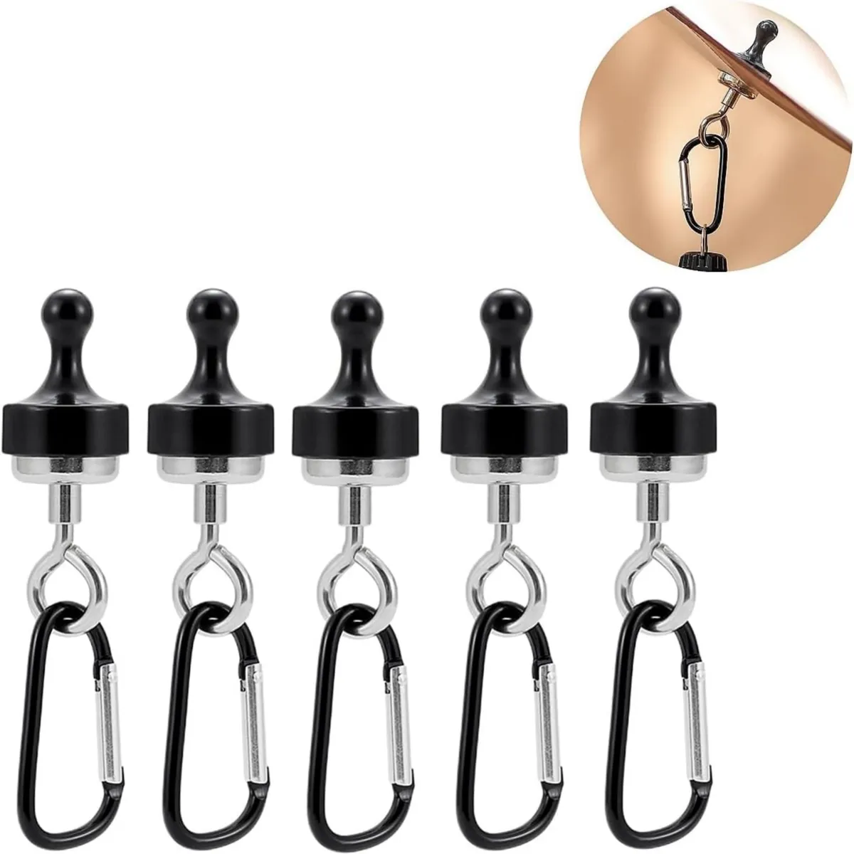 5 Pieces Camping Magnetic Hooks With Carabiner For Camping Hiking Traveling - Black