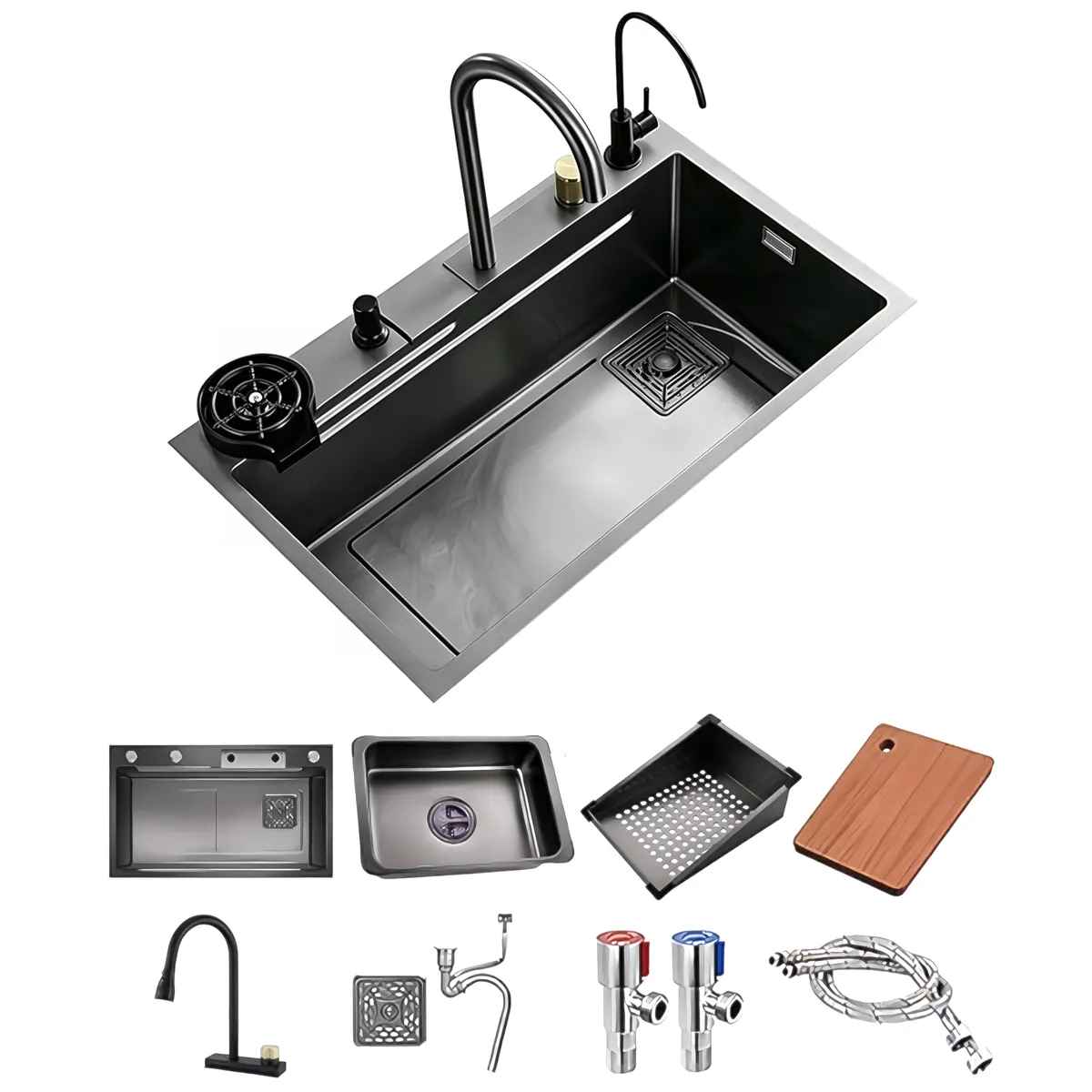 Kitchen Sink with Waterfall Faucet, Cup Cleaner Side Drain Nano Honeycomb