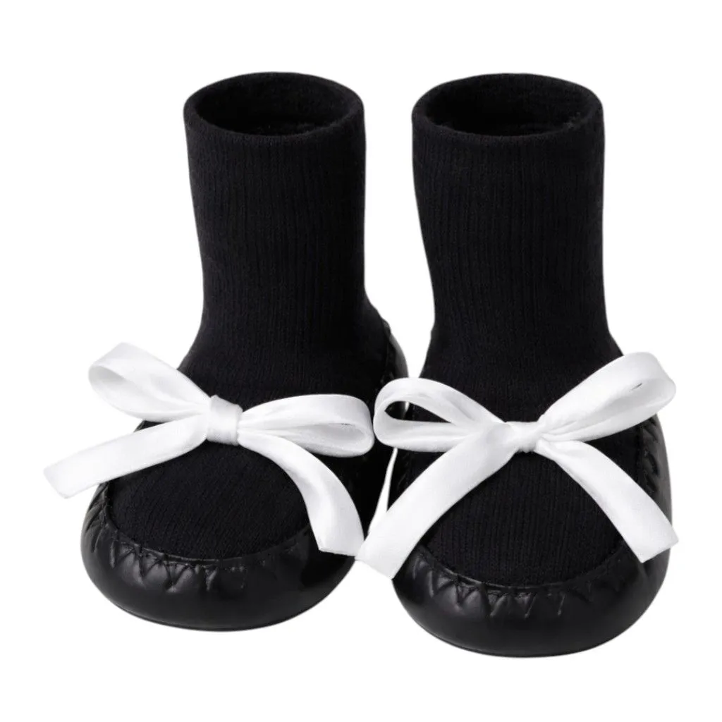 Knitted Booties With Decorative White Bow For Baby Girls - Black