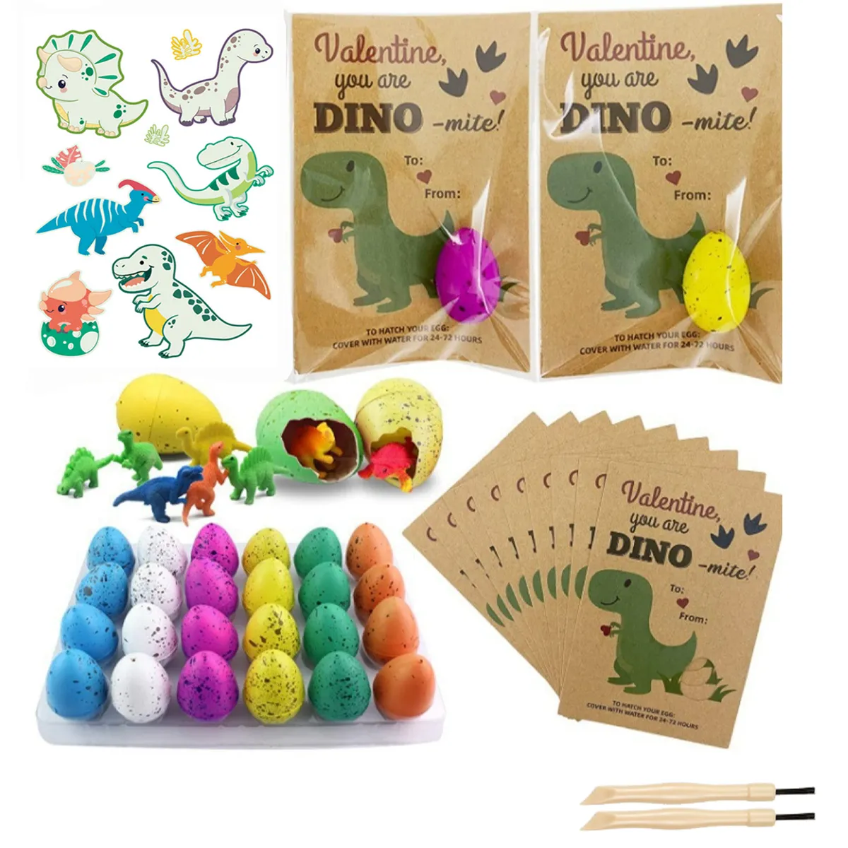 Dinosaur Egg DIY Set - 24 Hatching Toy Eggs with Stickers & Brushes