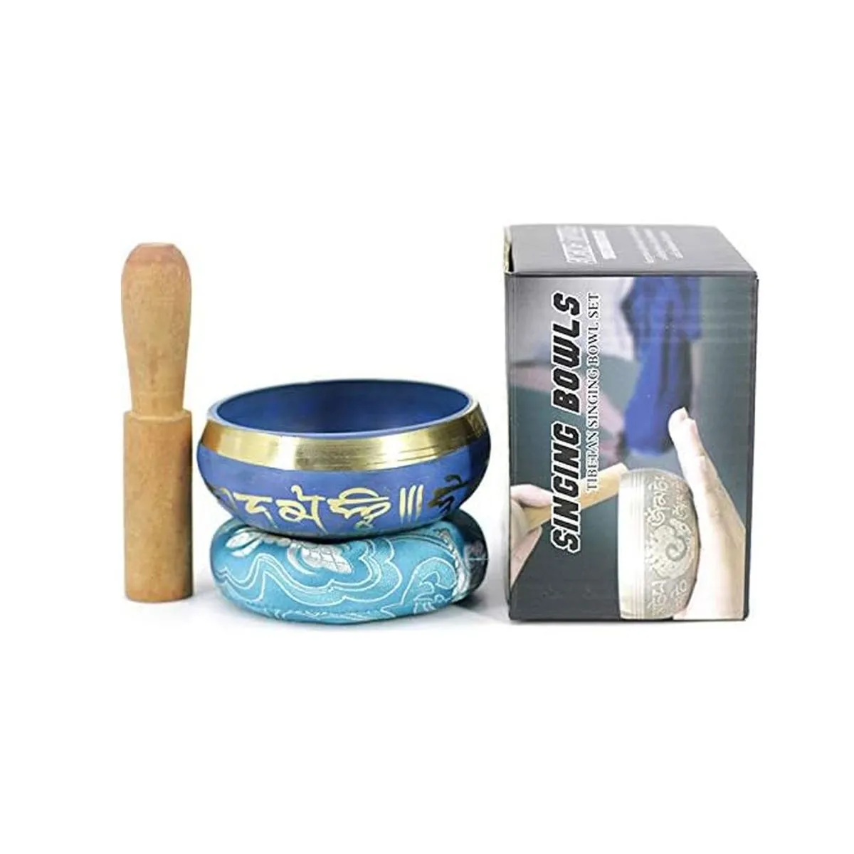 Tibetan Singing Set - 9cm Brass Meditation Bowl with Mallet & Cushion. - Blue