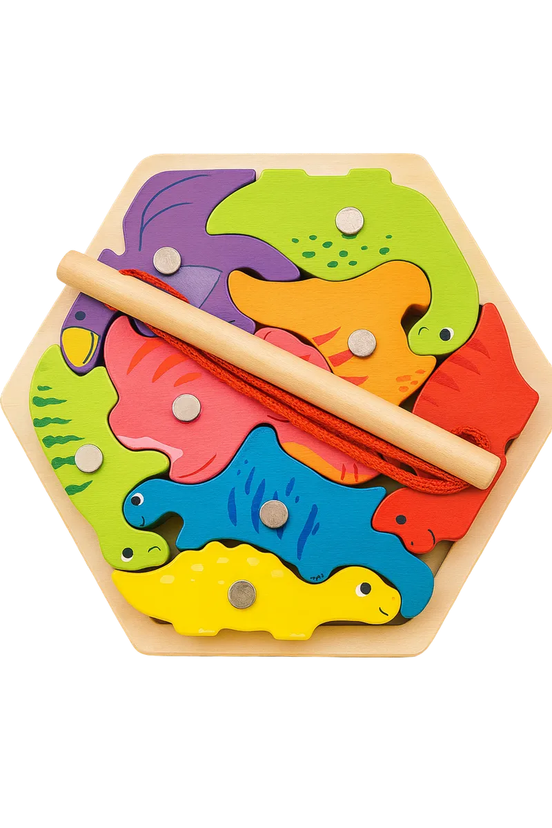 Wooden Magnetic Fishing Game & Hexagonal Puzzle - Montessori Toy - Dinosaur