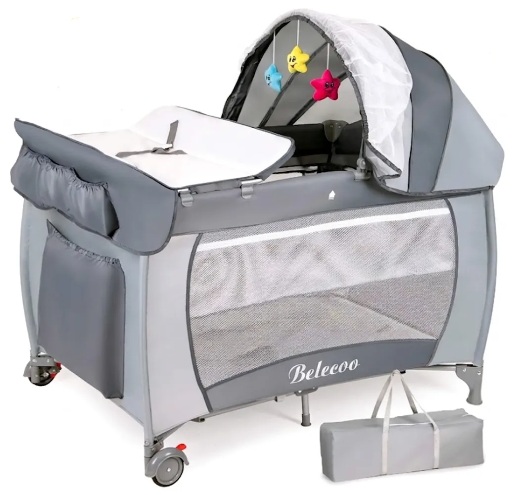 Belecoo Baby Centre Travel Cot With Folding Mattress - Grey
