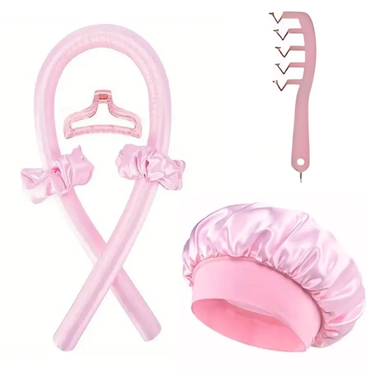 Bestby - 6 Heatless Hair Curling Set with Satin Bonnet Overnight Curler - Pink