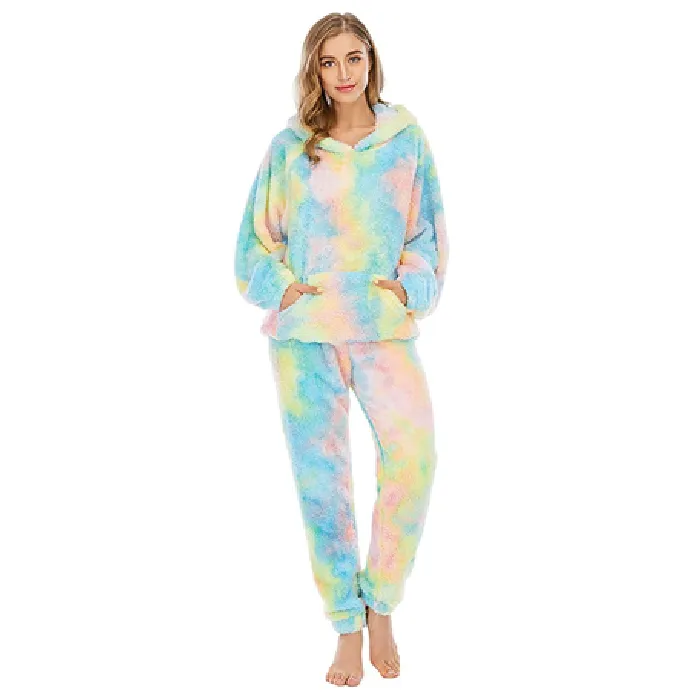 Warm Winter Wear 2 Piece Tye-n-Dye Pattern Fleece Hoodie Pyjama Set - Blue