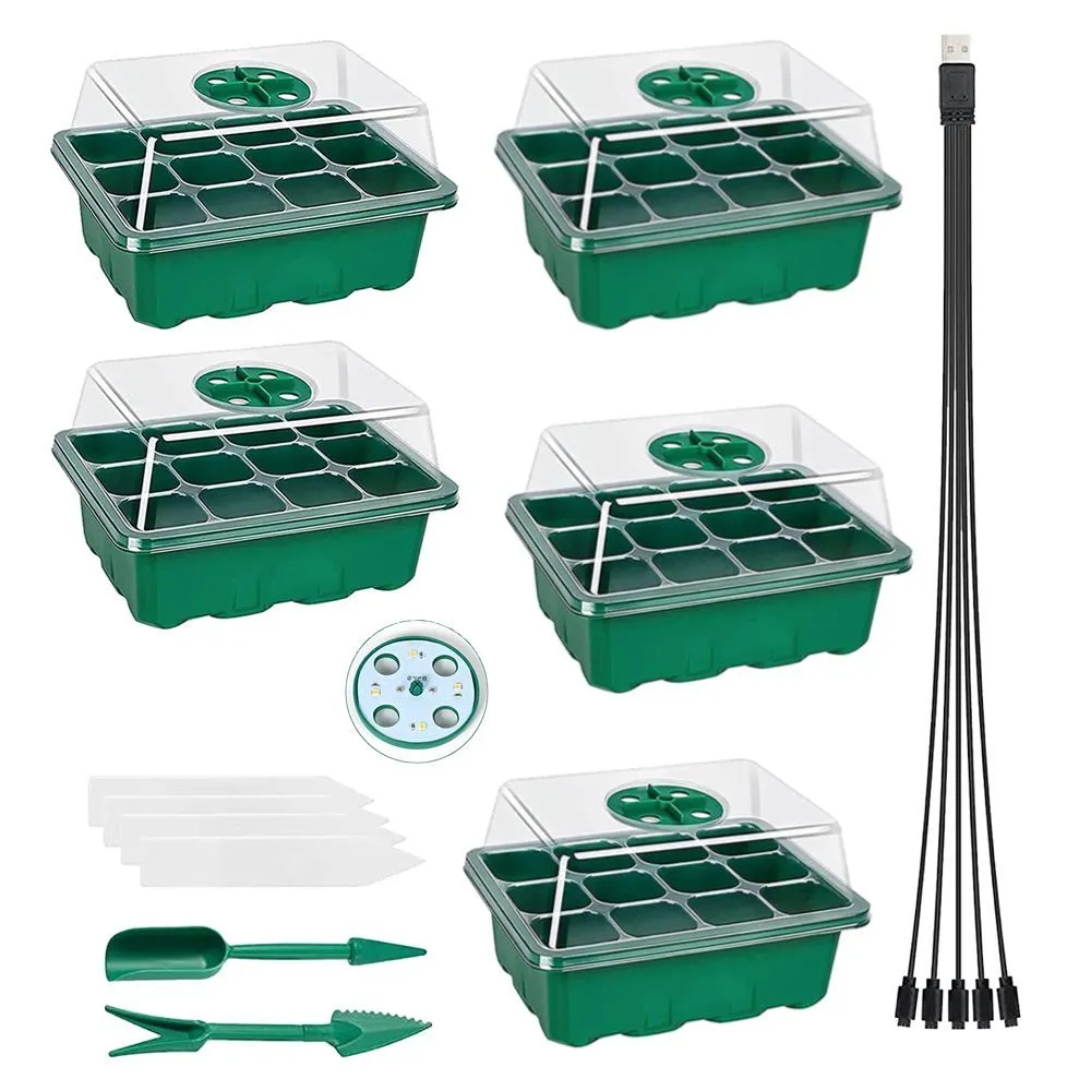 5 Pack 12 Cell Seed Starter Tray Kit with LED Grow Lights and Humidity Dome