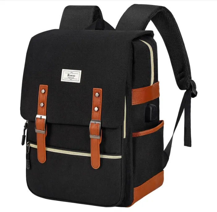 Vintage Laptop Backpack for Women Men,with USB Charging Port Backpacks - Black