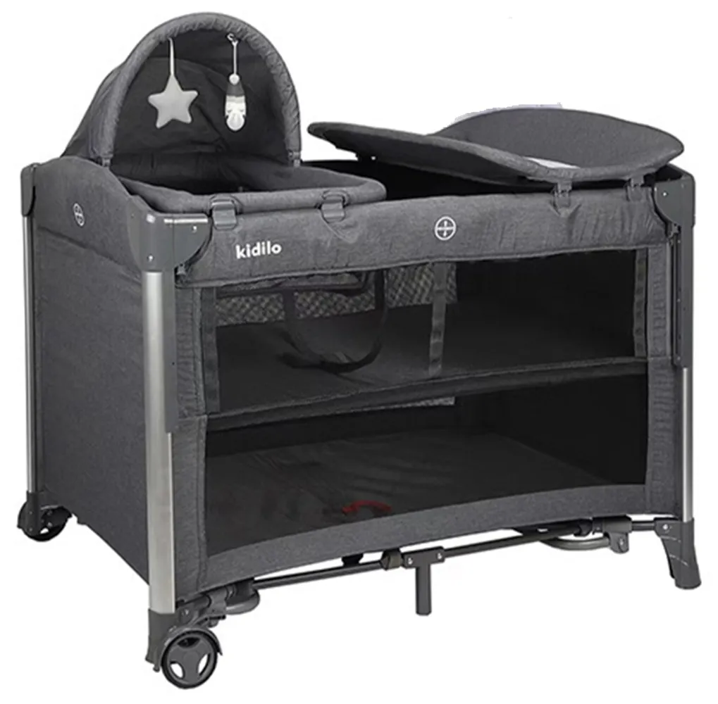 Kidilo T-703M 5-in-1 Baby Bed & Playpen Camp Cot & Co Sleeper - Dark Grey 